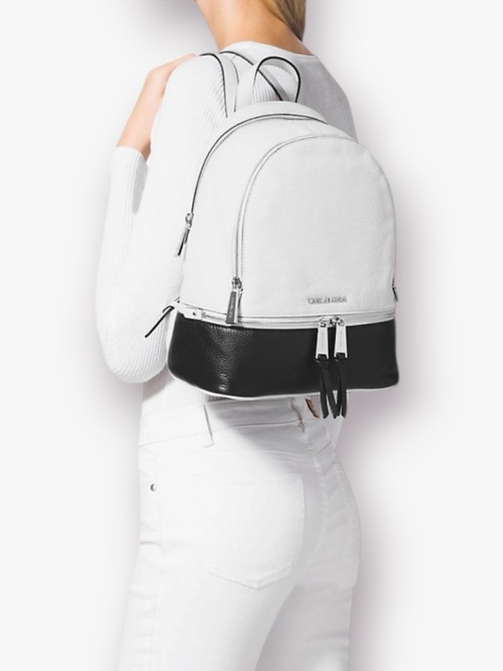 MICHAEL KORS Rhea White and Black Leather Convertible Backpack
